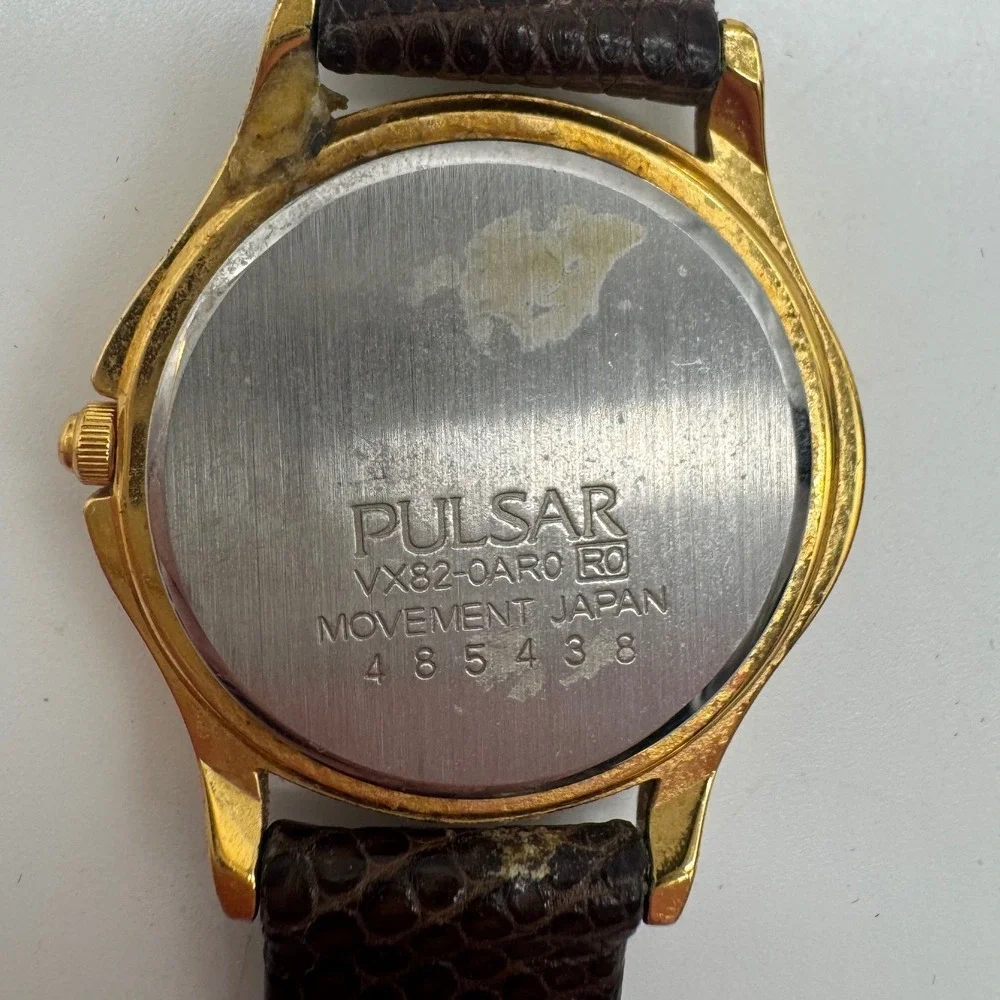 Pulsar Womens Gold Tone Date Watch VX82-0AR0 Brown Leather Strap needs bat